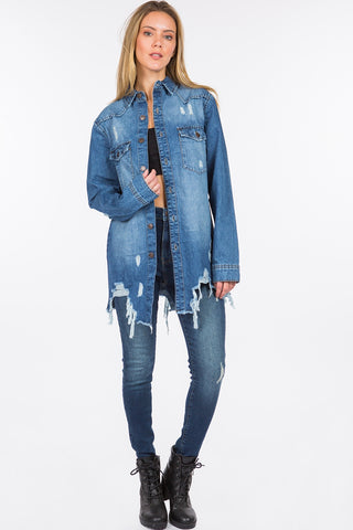 Shop American Bazi Distressed Frayed Hem Denim Jacket - High-Quality U.S. Made Women’s Fashion with Free & Fast Shipping