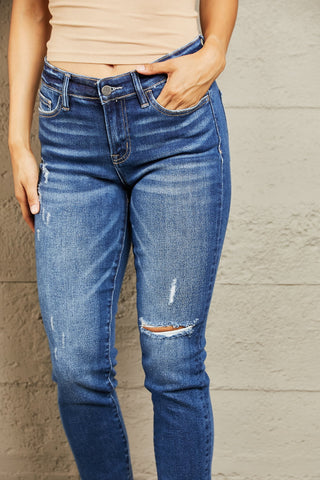 Shop BAYEAS Mid Rise Distressed Slim Jeans - High-Quality U.S. Made Women’s Fashion with Free & Fast Shipping