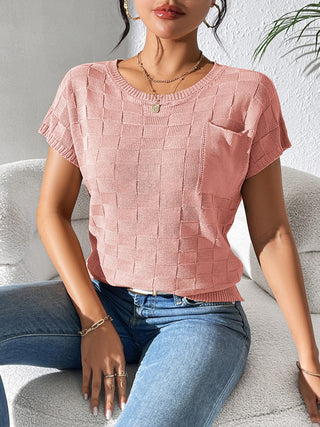 Shop Dusty Pink Round Neck Short Sleeve Knit Top - High-Quality U.S. Made Women’s Fashion with Free & Fast Shipping