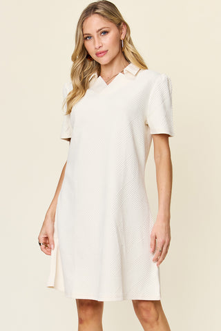 Shop White Double Take Full Size Texture Collared Neck Short Sleeve Dress - High-Quality U.S. Made Women’s Fashion with Free & Fast Shipping