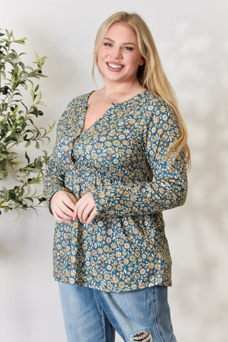 Shop Heimish Full Size Floral Half Button Long Sleeve Blouse - High-Quality U.S. Made Women’s Fashion with Free & Fast Shipping