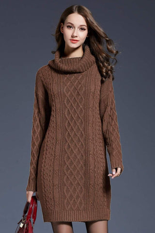 Shop Brown Woven Right Full Size Mixed Knit Cowl Neck Dropped Shoulder Sweater Dress - High-Quality U.S. Made Women’s Fashion with Free & Fast Shipping