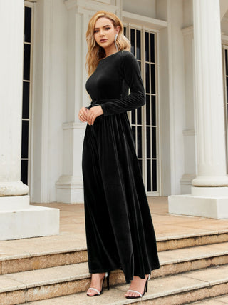 Shop Tie Front Round Neck Long Sleeve Maxi Dress - High-Quality U.S. Made Women’s Fashion with Free & Fast Shipping