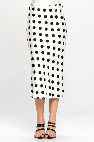 Shop White RENEE C Polka Dot Satin Midi Skirt - High-Quality U.S. Made Women’s Fashion with Free & Fast Shipping