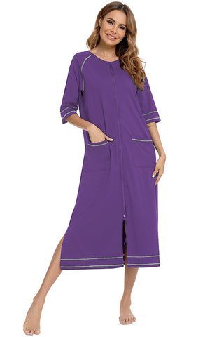 Shop Zip Up Slit Round Neck Night Dress with Pockets - High-Quality U.S. Made Women’s Fashion with Free & Fast Shipping