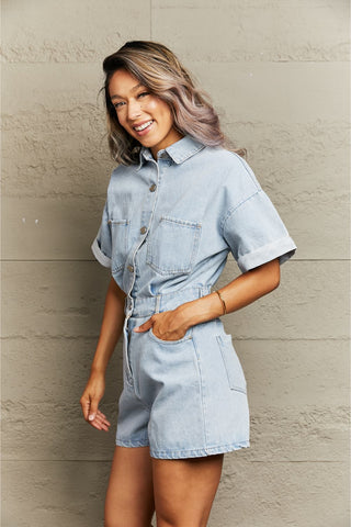 Shop Collared Neck Denim Romper with Pockets - High-Quality U.S. Made Women’s Fashion with Free Fast Shipping