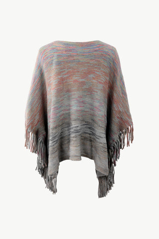 Shop Round Neck Fringe Detail Poncho - High-Quality U.S. Made Women’s Fashion with Free Fast Shipping