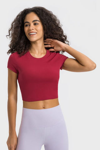 Shop Red Millennia Round Neck Short Sleeve Cropped Sports T-Shirt - High-Quality U.S. Made Women’s Fashion with Free & Fast Shipping