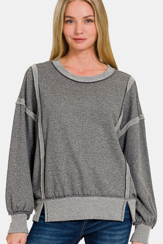 Shop Grey Zenana Washed Exposed-Seam Sweatshirt - High-Quality U.S. Made Women’s Fashion with Free & Fast Shipping