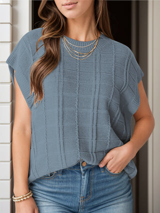 Shop Dusty Blue Round Neck Cap Sleeve Knit Top - High-Quality U.S. Made Women’s Fashion with Free & Fast Shipping