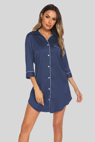 Shop French Blue Button Up Collared Neck Night Dress with Pocket - High-Quality U.S. Made Women’s Fashion with Free & Fast Shipping