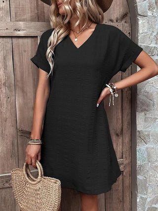 Shop Black Full Size V-Neck Short Sleeve Mini Dress - High-Quality U.S. Made Women’s Fashion with Free & Fast Shipping