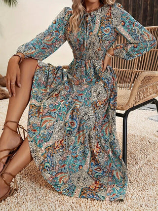 Shop Printed Tie Neck Long Sleeve Maxi Dress - High-Quality U.S. Made Women’s Fashion with Free & Fast Shipping