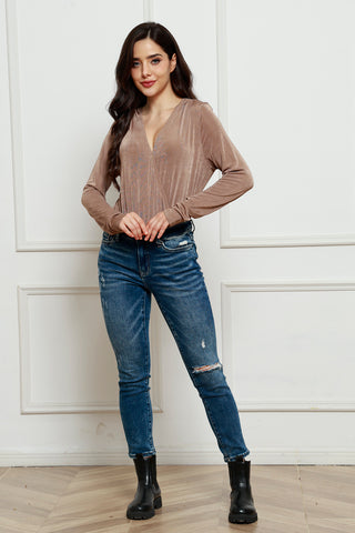 Shop V-Neck Long Sleeve Bodysuit - High-Quality U.S. Made Women’s Fashion with Free & Fast Shipping