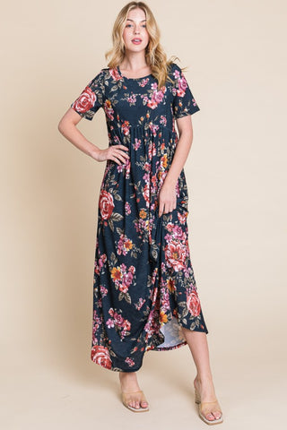 Shop BOMBOM Floral Short Sleeve Maxi Dress - High-Quality U.S. Made Women’s Fashion with Free & Fast Shipping