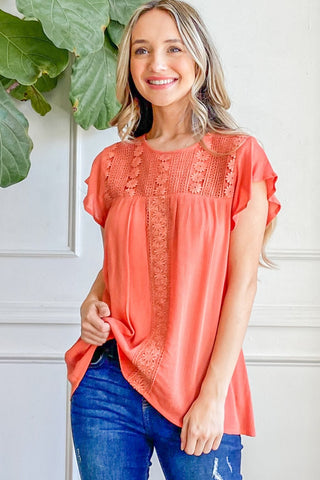 Shop And The Why Lace Detail Ruffle Short Sleeve Blouse - High-Quality U.S. Made Women’s Fashion with Free & Fast Shipping