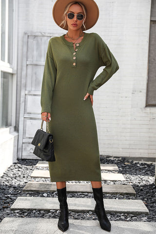 Shop Notched Neck Dropped Shoulder Button-Down Midi Dress - High-Quality U.S. Made Women’s Fashion with Free Fast Shipping