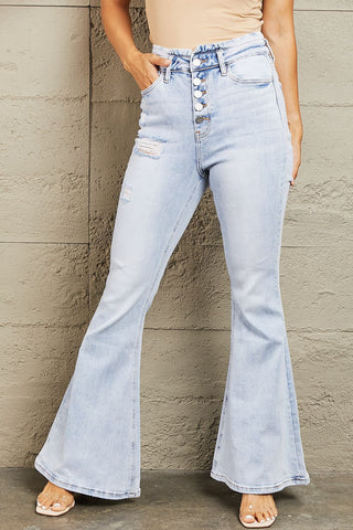 Shop Light BAYEAS High Waisted Button Fly Flare Jeans - High-Quality U.S. Made Women’s Fashion with Free & Fast Shipping