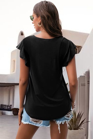 Shop Ruffled Round Neck Cap Sleeve Blouse - High-Quality U.S. Made Women’s Fashion with Free & Fast Shipping