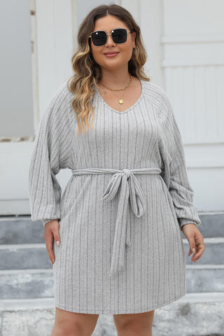 Shop Plus Size Ribbed Tie Front Long Sleeve Sweater Dress - High-Quality U.S. Made Women’s Fashion with Free & Fast Shipping