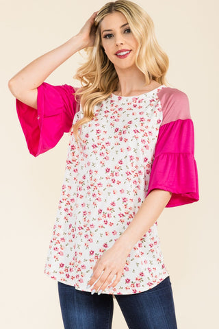 Shop Celeste Full Size Floral Contrast Bell Sleeve Top - High-Quality U.S. Made Women’s Fashion with Free & Fast Shipping