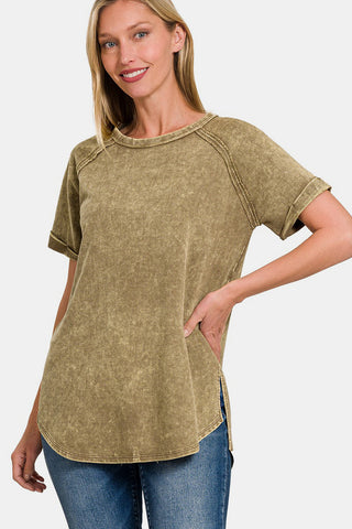 Shop Mocha Zenana Heathered Round Neck Short Sleeve Top - High-Quality U.S. Made Women’s Fashion with Free & Fast Shipping