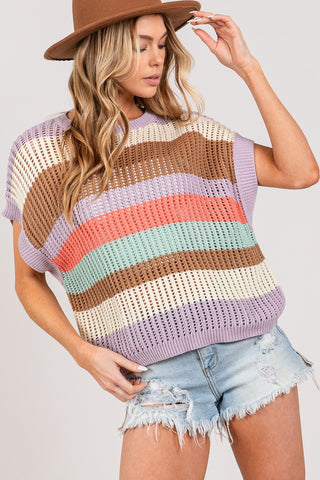 Shop Lilac SAGE + FIG Color Block Striped Crochet Sweater - High-Quality U.S. Made Women’s Fashion with Free & Fast Shipping