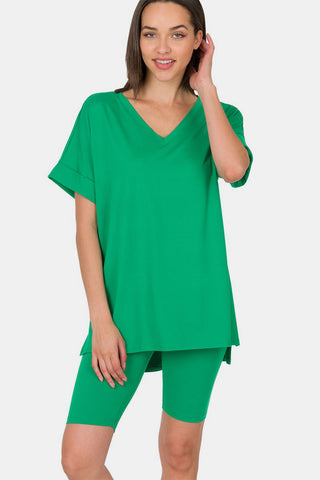 Shop GREEN Zenana V-Neck Short Sleeve T-Shirt and Biker Shorts Set - High-Quality U.S. Made Women’s Fashion with Free & Fast Shipping