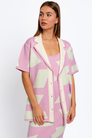 Shop Pink Mint Le Lis Abstract Contrast Short Sleeve Collared Cardigan - High-Quality U.S. Made Women’s Fashion with Free & Fast Shipping