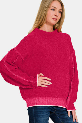 Shop Zenana Exposed Seam Mock Neck Long Sleeve Sweater - High-Quality U.S. Made Women’s Fashion with Free & Fast Shipping