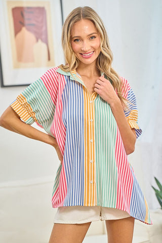 Shop First Love Full Size Striped Button Down Short Sleeve Shirt - High-Quality U.S. Made Women’s Fashion with Free & Fast Shipping