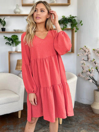 Shop Double Take Full Size V-Neck Balloon Sleeve Tiered Dress with Pockets - High-Quality U.S. Made Women’s Fashion with Free & Fast Shipping