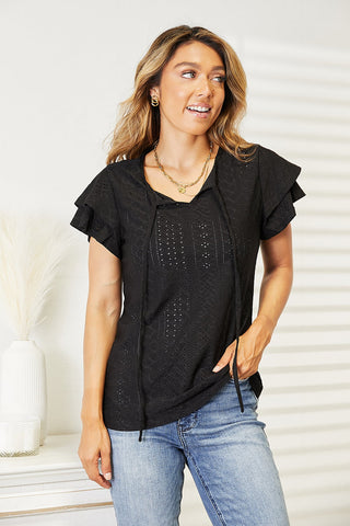 Shop Black Eyelet Tie-Neck Flutter Sleeve Blouse - High-Quality U.S. Made Women’s Fashion with Free & Fast Shipping