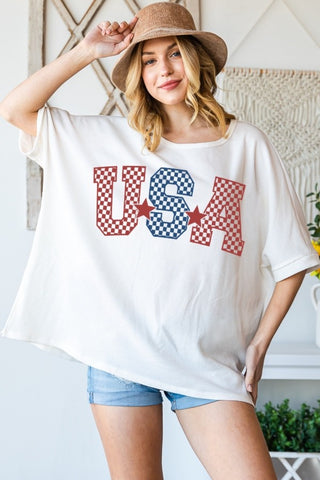 Shop Off White Checkered Usa HOPELY USA Graphic Round Neck T-Shirt - High-Quality U.S. Made Women’s Fashion with Free & Fast Shipping