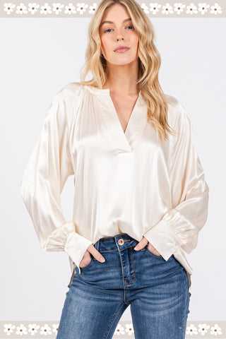 Shop SAGE + FIG Notched Long Sleeve Blouse - High-Quality U.S. Made Women’s Fashion with Free & Fast Shipping