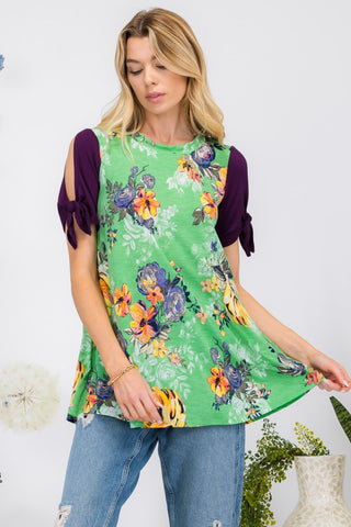 Shop Green Floral Celeste Full Size Open Tie Sleeve Round Neck Floral Blouse - High-Quality U.S. Made Women’s Fashion with Free & Fast Shipping