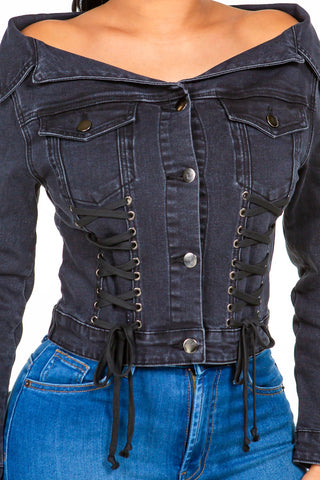 Shop American Bazi Off Shoulder Lace Up Denim Jacket - High-Quality U.S. Made Women’s Fashion with Free & Fast Shipping