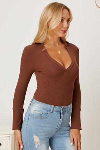 Shop V-Neck Long Sleeve Bodysuit - High-Quality U.S. Made Women’s Fashion with Free & Fast Shipping