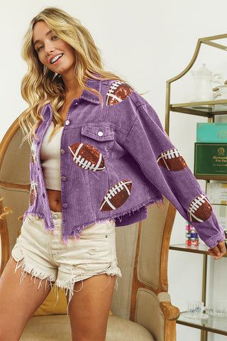 Shop BiBi Football Sequin Embroidery Washed Corduroy Jacket - High-Quality U.S. Made Women’s Fashion with Free & Fast Shipping