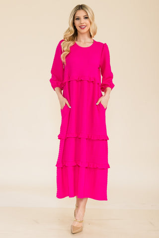 Shop Fuchsia Celeste Full Size Tiered-Ruffle Midi Dress - High-Quality U.S. Made Women’s Fashion with Free & Fast Shipping