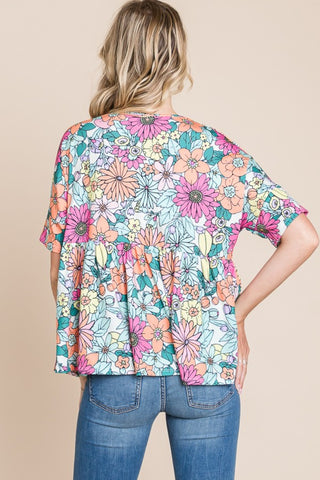 Shop BOMBOM Floral Round Neck Short Sleeve Blouse - High-Quality U.S. Made Women’s Fashion with Free & Fast Shipping