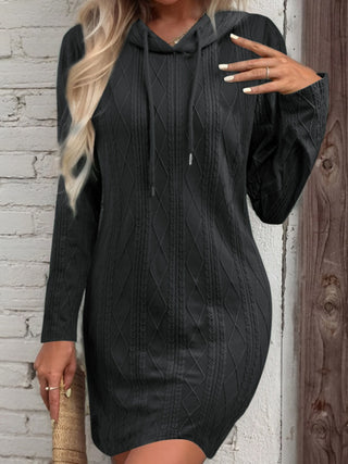 Shop Black Drawstring Hooded Sweater Dress - High-Quality U.S. Made Women’s Fashion with Free & Fast Shipping