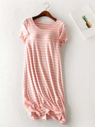 Shop Pink White Striped Round Neck Short Sleeve Dress - High-Quality U.S. Made Women’s Fashion with Free & Fast Shipping