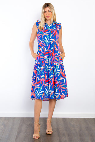 Shop Be Stage Print Ruffled Midi Dress with Pockets - High-Quality U.S. Made Women’s Fashion with Free Fast Shipping