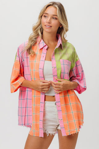 Shop BiBi Plaid Collared Neck Half Sleeve Shirt - High-Quality U.S. Made Women’s Fashion with Free & Fast Shipping