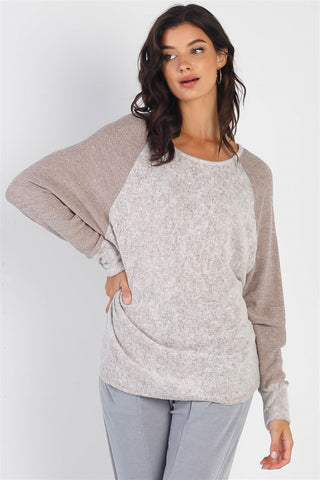 Shop Taupe Cherish Apparel Round Neck Long Sleeve Contrast Top - High-Quality U.S. Made Women’s Fashion with Free & Fast Shipping