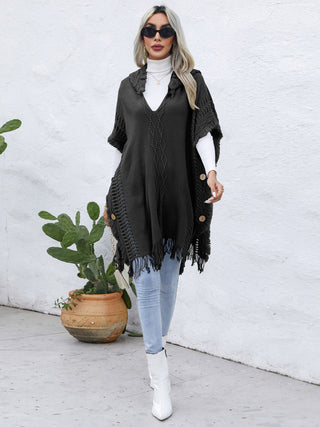 Shop Fringe Trim Buttoned Hooded Poncho - High-Quality U.S. Made Women’s Fashion with Free Fast Shipping