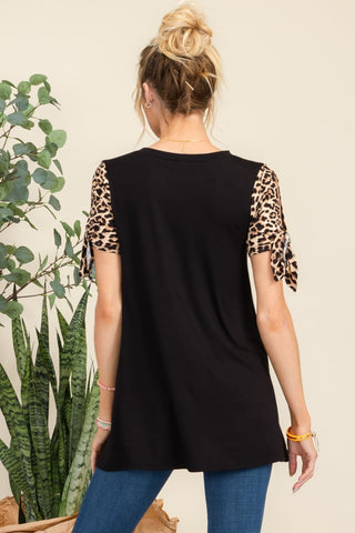 Shop Celeste Full Size Open Tie Sleeve Leopard Color Blocked Top - High-Quality U.S. Made Women’s Fashion with Free & Fast Shipping