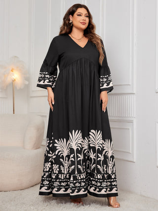 Shop Honey Plus Size Printed V-Neck Long Sleeve Maxi Dress - High-Quality U.S. Made Women’s Fashion with Free Fast Shipping