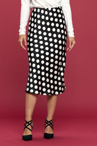 Shop Black RENEE C Polka Dot Satin Midi Skirt - High-Quality U.S. Made Women’s Fashion with Free & Fast Shipping